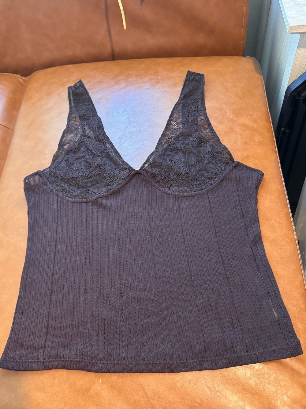 H&M Brown Ribbed Lace Corset Tank Top Cami Large NWOT